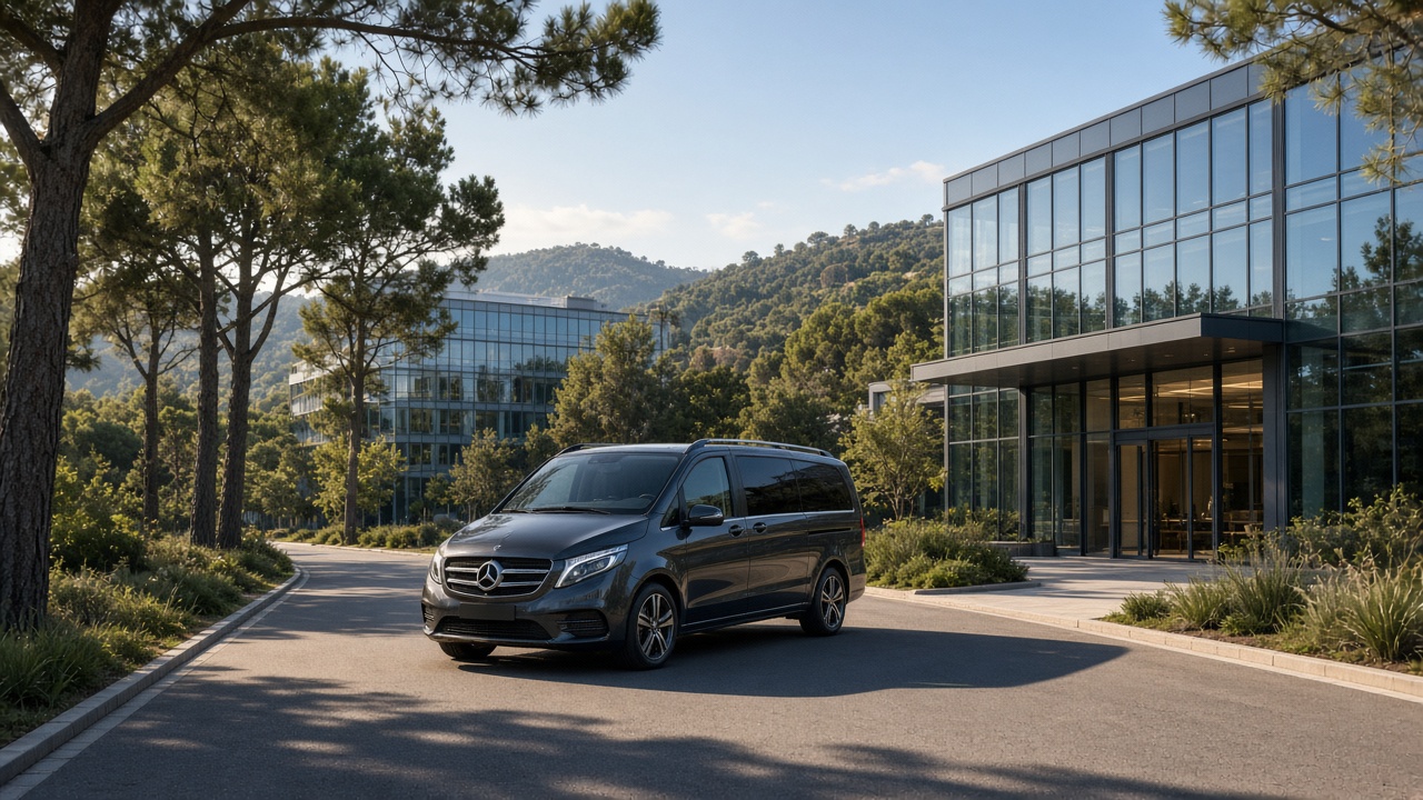Taxi Mercedes van premium arrivant à Sophia Antipolis devant un campus d'entreprises