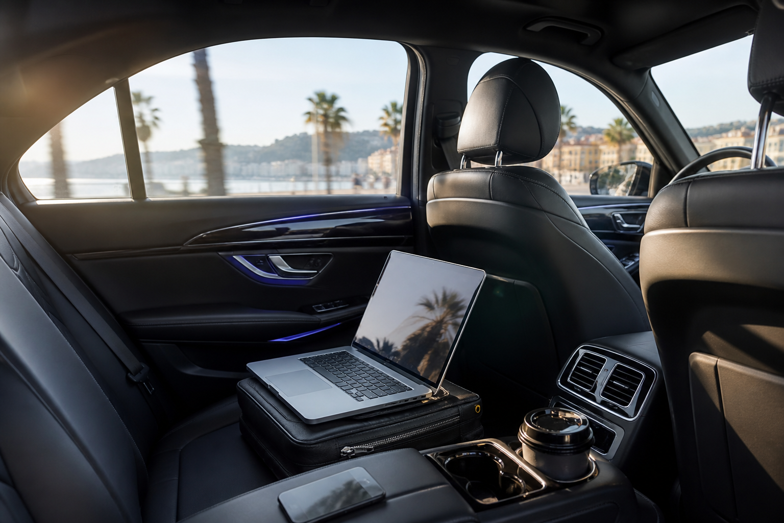 Intérieur taxi affaires Nice - espace de travail en Mercedes pour déplacements professionnels