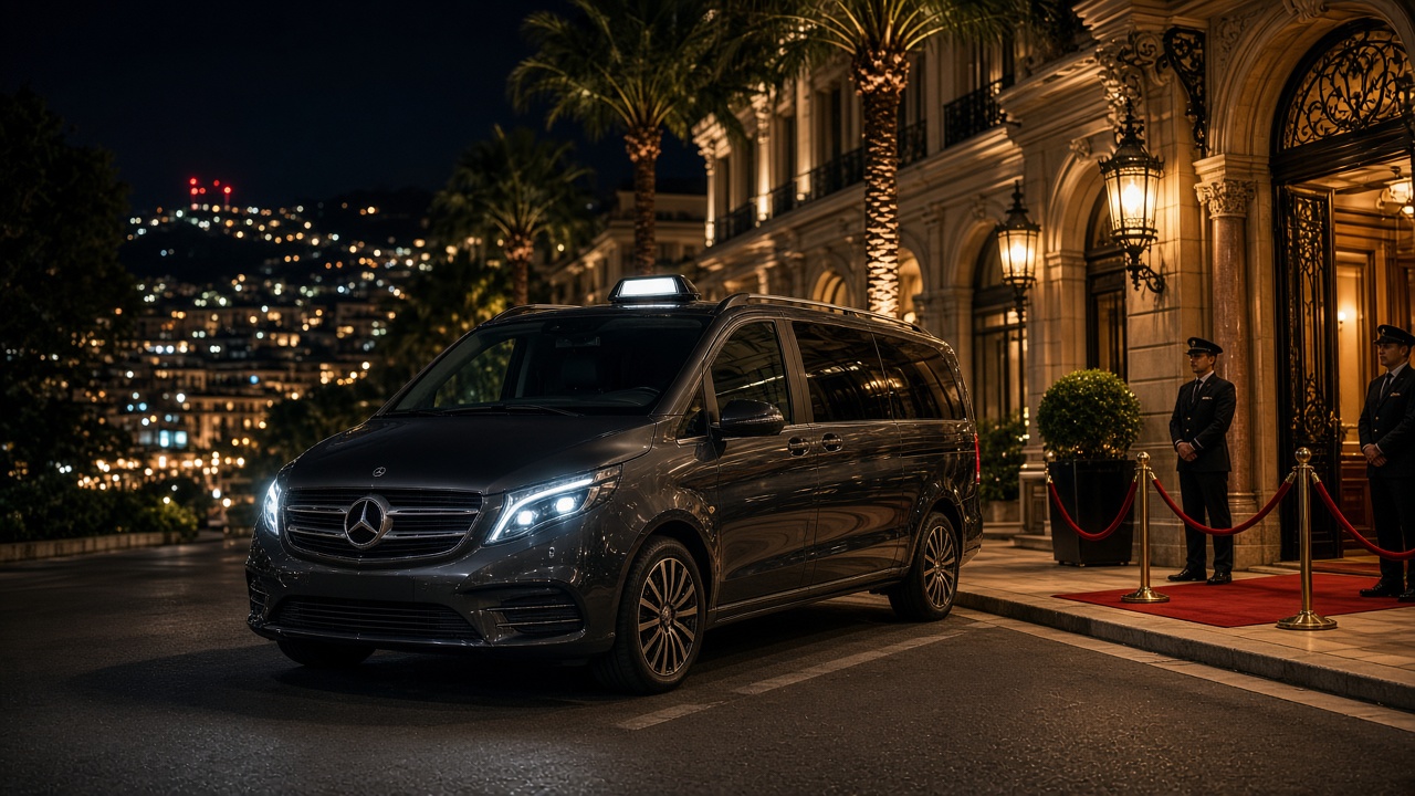 Taxi Mercedes van premium devant un hôtel de Monte-Carlo pendant le Monaco Yacht Show