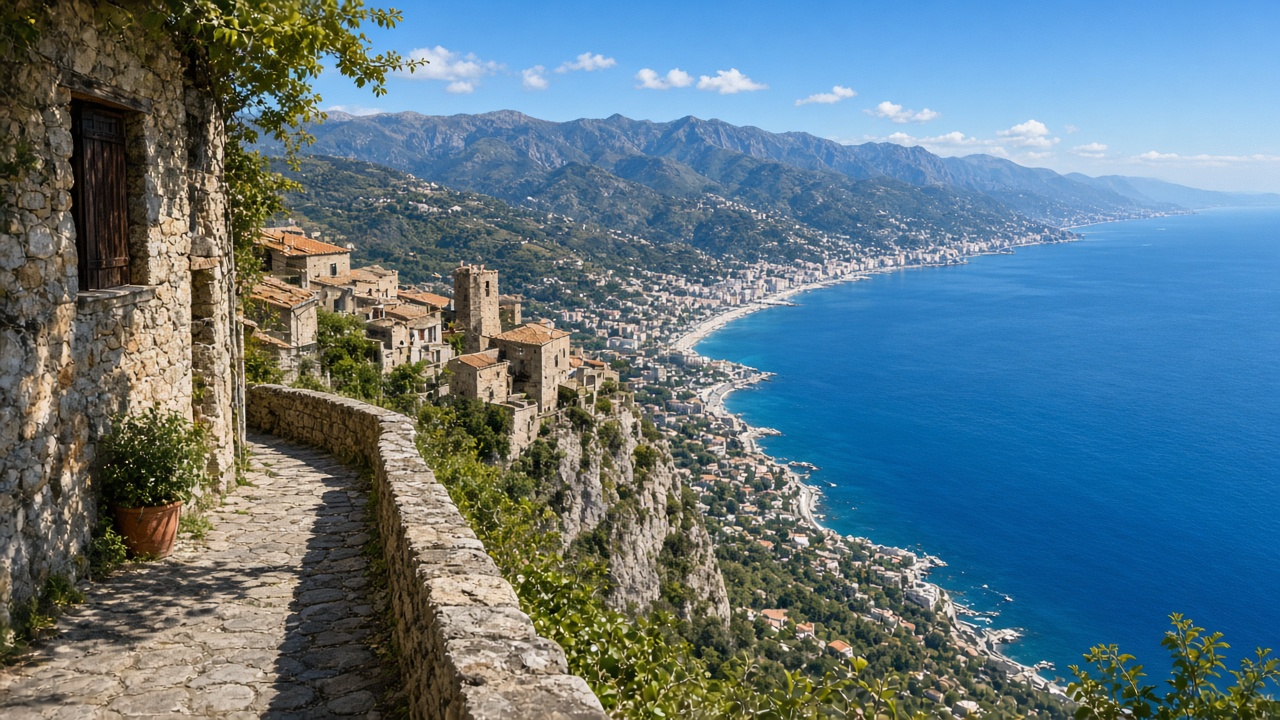 Panorama depuis un village perché au-dessus de Menton et de la Méditerranée, type Sainte-Agnès